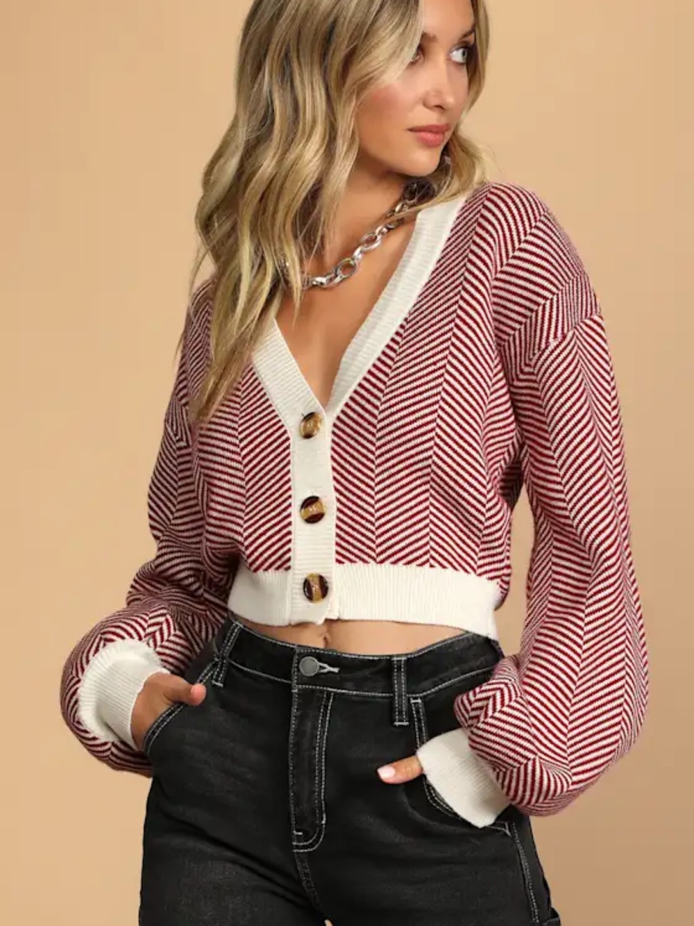 Lulu's Red Chevron Cropped Cardigan with Cream Trim